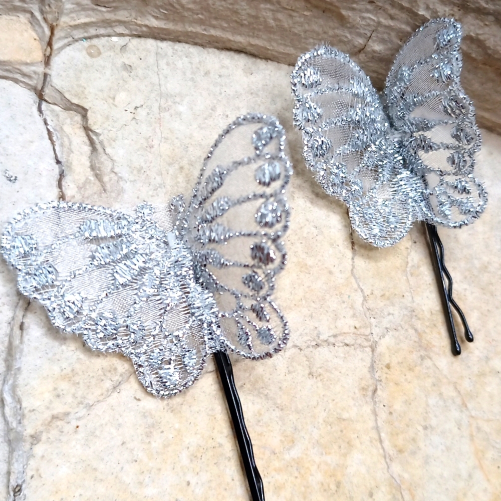 Lace butterfly silver hair pins bridesmaid flower girls wedding